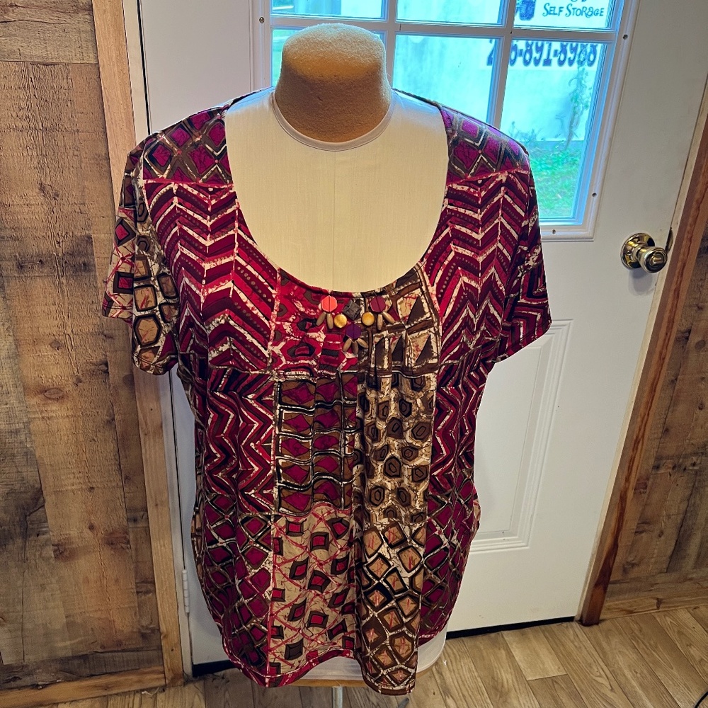 LADIES WOMENS PLUS SIZE 1X RUBY RD TOP SHIRT BLOUSE IN RED TAN BROWN NWOT